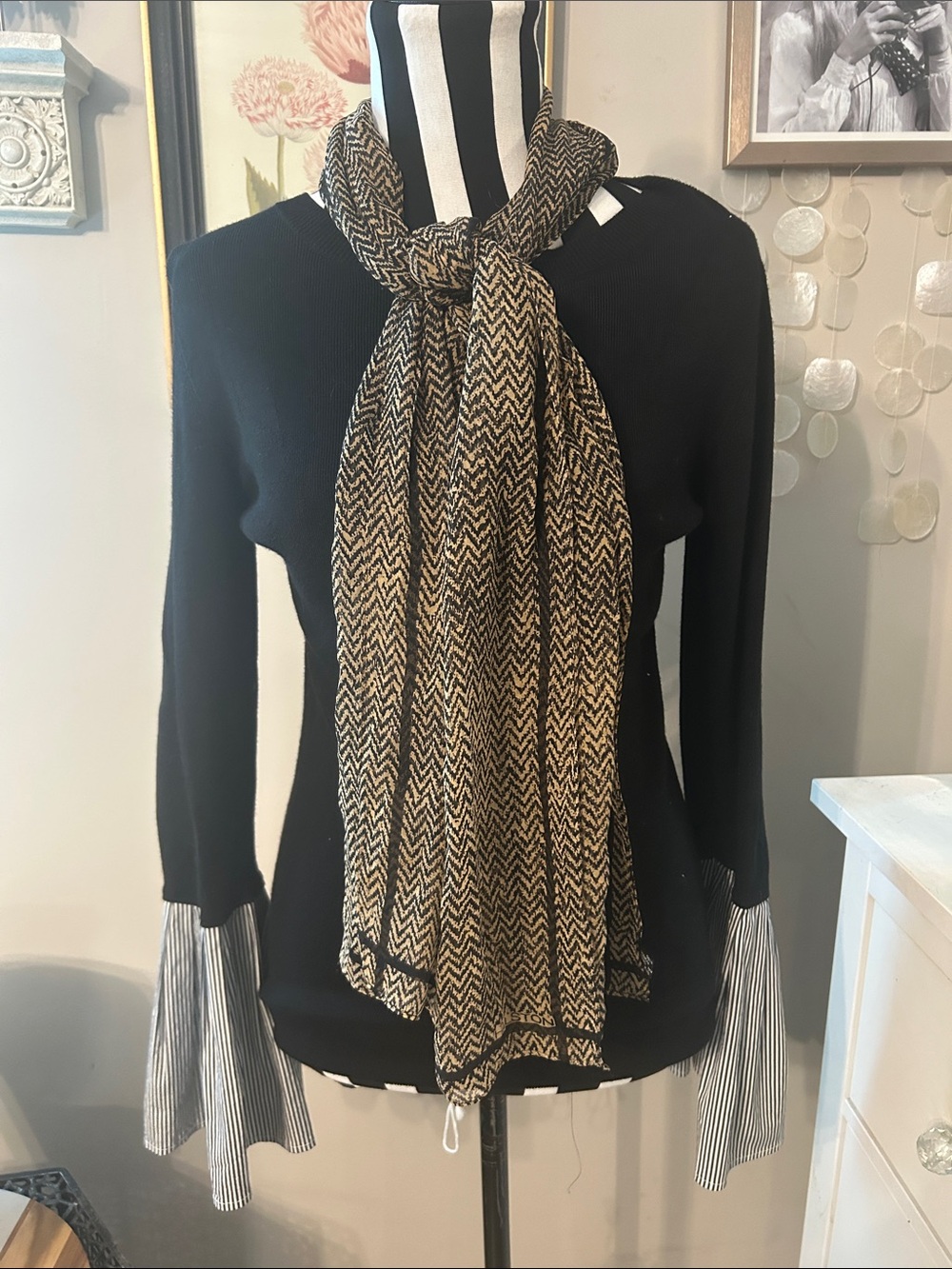Halston Classic Chevron silk Scarf in Black and Tan and Halston bell sleeve top